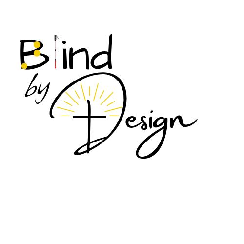 Blind By Design logo. The word Blind features yellow braille dots and a white cane as the letter L. The word Design is integrated with a large D containing a cross and radiating yellow light rays.